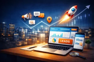 פרסום בזמן חירום – שיווק דיגיטלי עם גרף צמיחה, לידים ומחשב עבודה