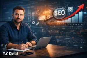 מקדם אתרים עצמאי עובד על אסטרטגיית SEO לקידום אורגני וצמיחה עסקית בגוגל