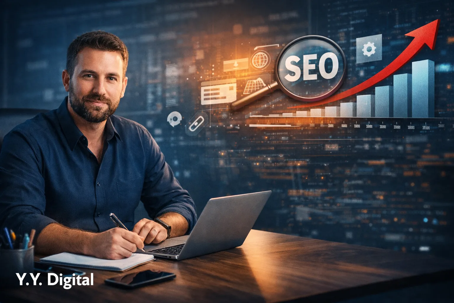 מקדם אתרים עצמאי עובד על אסטרטגיית SEO לקידום אורגני וצמיחה עסקית בגוגל