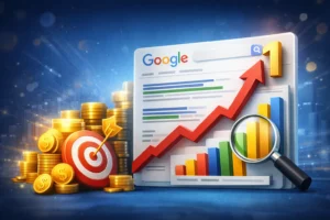 דירוג האתר בגוגל עלייה למקום ראשון בתוצאות חיפוש עם גרף צמיחה וניתוח SEO