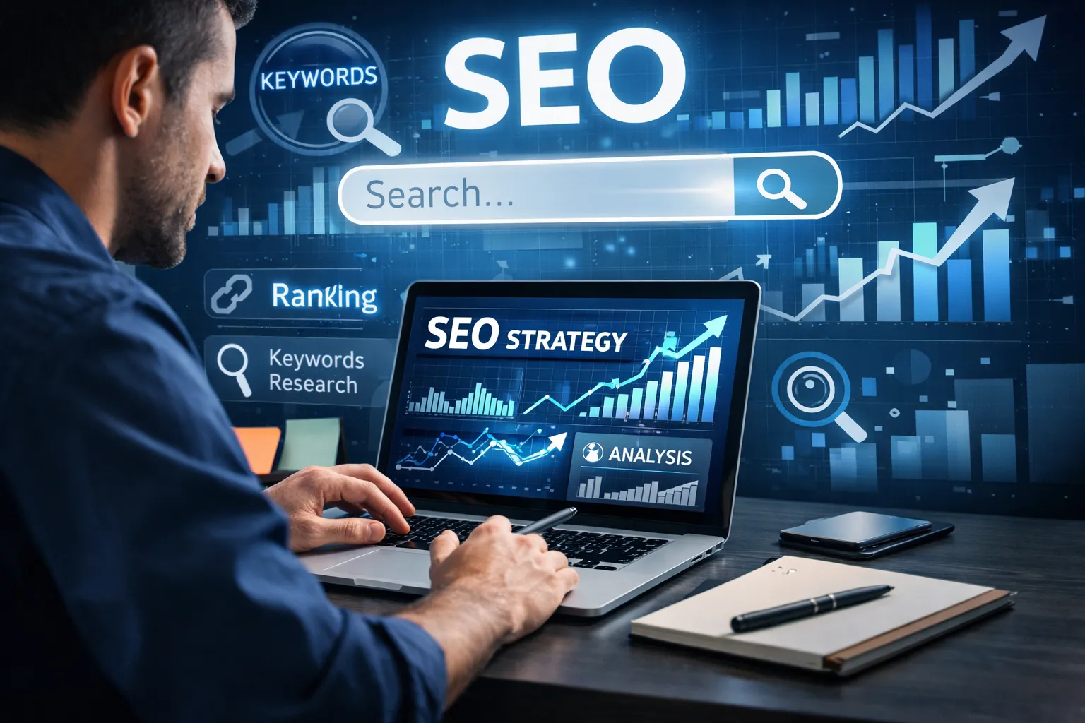 מקדם אתרים עובד על קידום אתר בגוגל עם ניתוח נתוני SEO גרפים ואסטרטגיית שיווק דיגיטלי